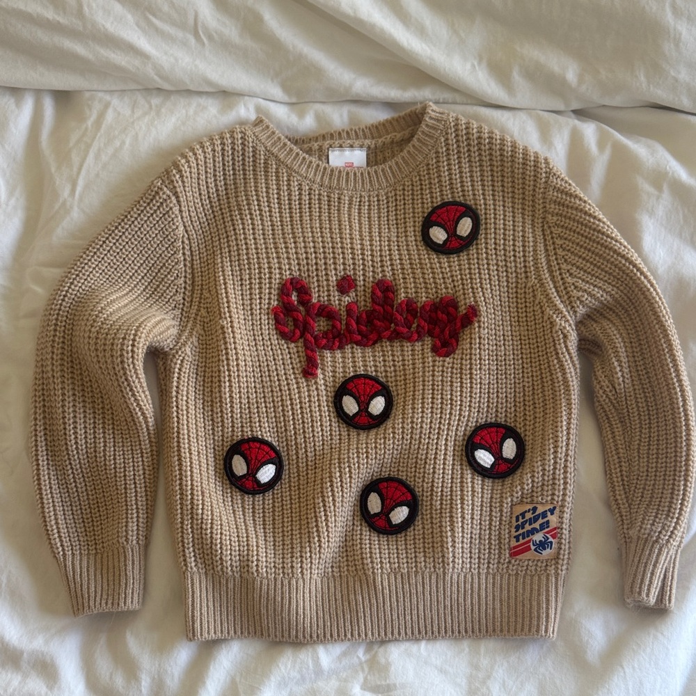 Beige Knit Sweater with Red Spider Patch Accents, Size 4T